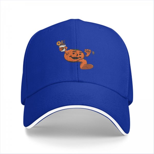 Black baseball cap with dancing pumpkin holding a fall drink design