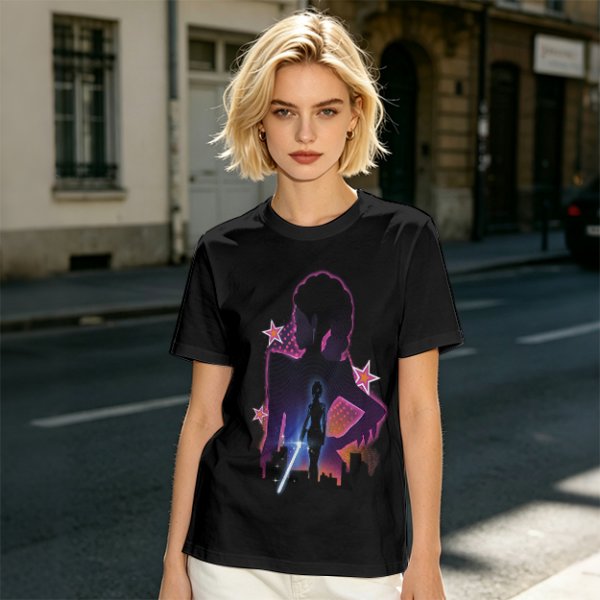 Olive t-shirt with neon star wars style female silhouette print