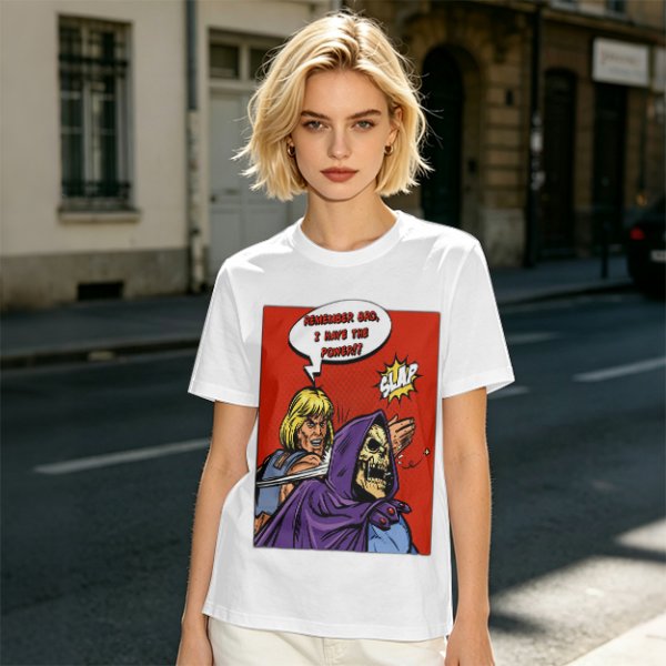 Olive T-shirt with He-Man slapping Skeletor comic print