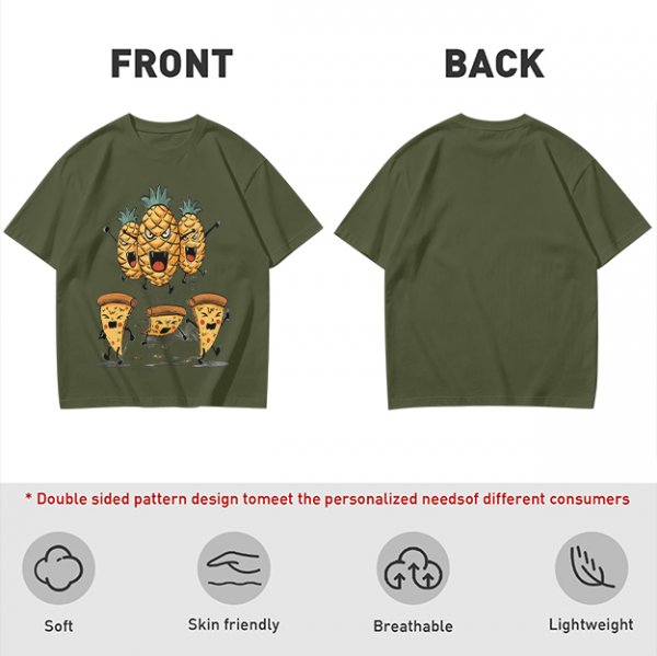 Olive T-Shirt With Angry Pineapple And Pizza Slice Cartoon Print