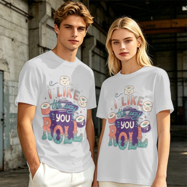 Olive T-Shirt With Cute Sushi Graphic and 'I Like The Way You Roll' Text