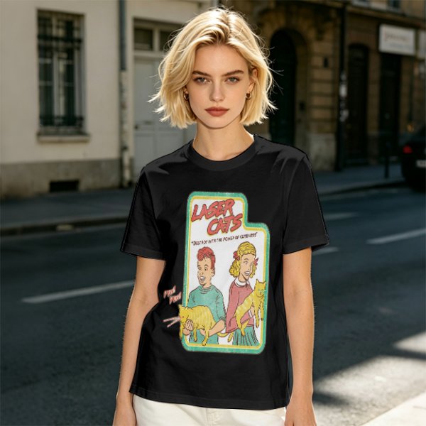 Olive graphic tee with Laser Cats retro comic print of kids holding laser cats