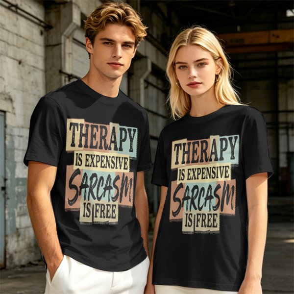 Olive graphic tee with 'Therapy is expensive sarcasm is free' print