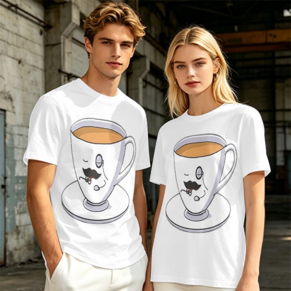 Olive Green T-Shirt With Dapper Cartoon Teacup Graphic