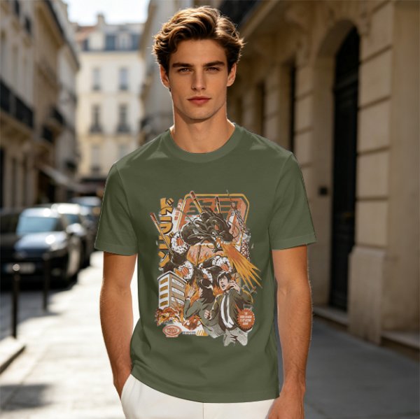 Olive green anime graphic t-shirt with monster and city scene