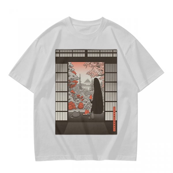 Olive T-Shirt with Japanese Shinto-inspired Window Landscape Print