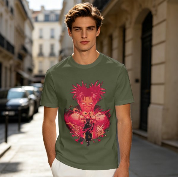 Olive Anime Graphic T-Shirt With Spiky Red Haired Character Art