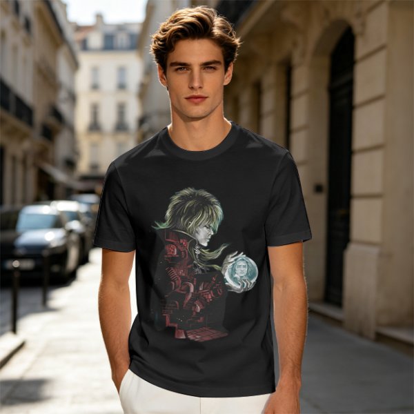 Olive Green T-Shirt With Goblin King Holding Crystal Ball Art