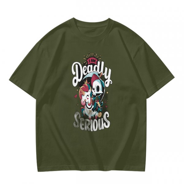 Olive graphic t-shirt with 'I Am Deadly Serious' and unicorn grim reaper art