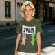 Olive T-shirt with Unicorn and Alien Holding 'Humans Are A Virus' Sign