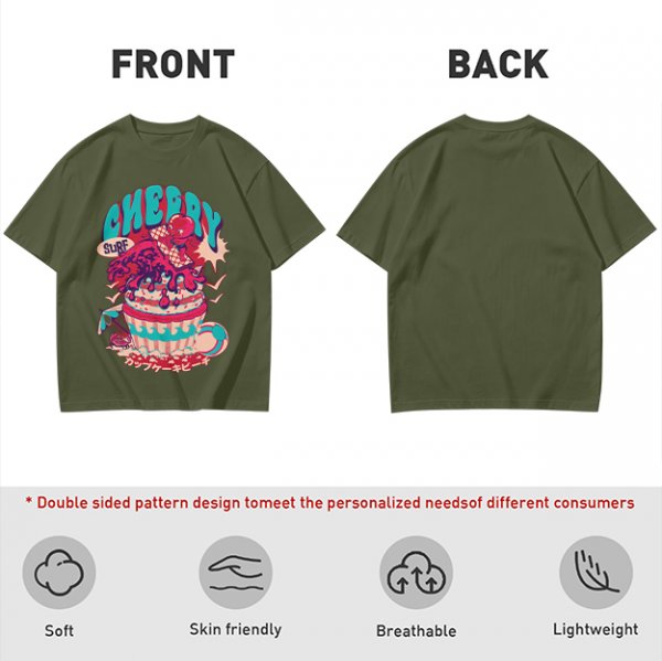 Olive T-shirt with Cherry Surf Cupcake Beach Graphic Print