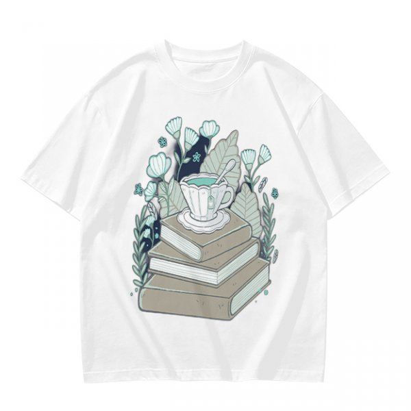 Olive T-Shirt With Stacked Books Teacup Floral Print