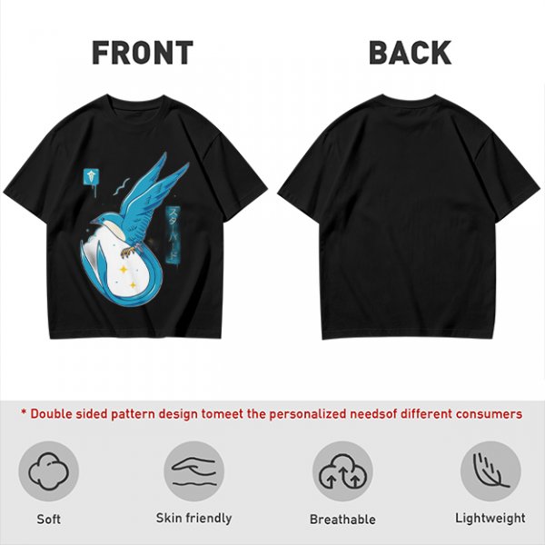 Olive T-shirt with Blue Star Bird and Japanese Graphic Print