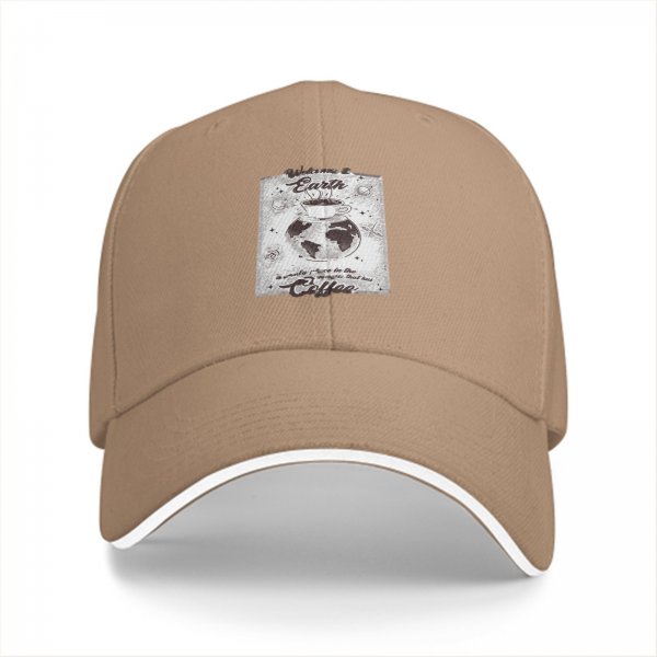 Black baseball cap with earth and coffee themed graphic print