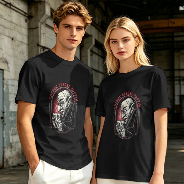 Olive T-Shirt with Vampire Coffee Before Coffin Graphic Print