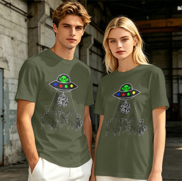 Olive T-shirt with UFO Alien and Disco Dancing Cats Print