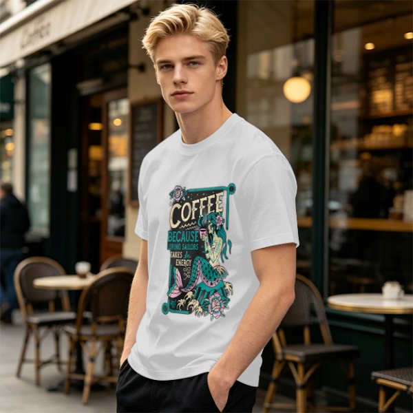 Olive t-shirt with mermaid coffee print 'Coffee Because Luring Sailors Takes Energy'