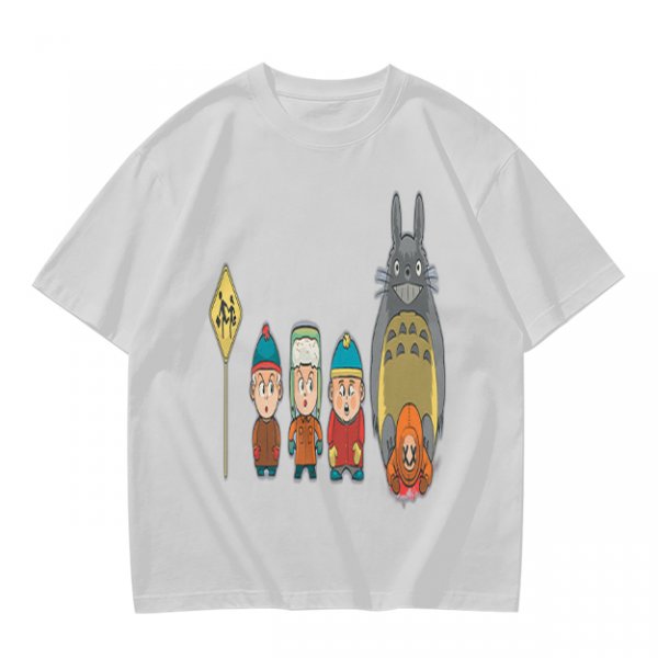 Olive T-shirt with cartoon characters print featuring Totoro and small figures