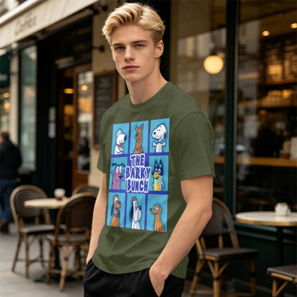 Olive green t-shirt with The Barky Bunch cartoon dog graphic