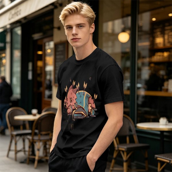 Olive T-shirt with Chibi Wounded Fantasy Creature Graphic