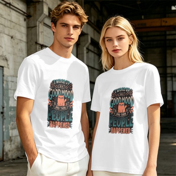 Olive t-shirt with 'I woke up in a good mood and then people happened' grumpy cat print