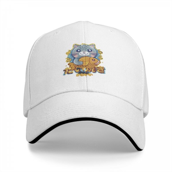 Black Baseball Cap With Cute Cat Holding Taiyaki Japanese Art