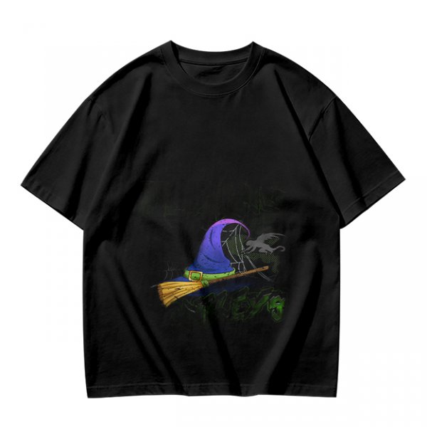 Olive T-Shirt with Witch Hat and Broom Halloween Graphic