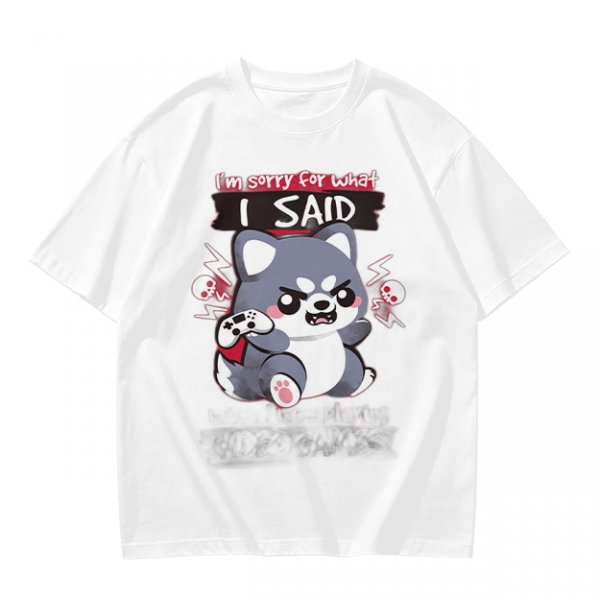 Olive t-shirt with angry gaming wolf graphic and funny apology text