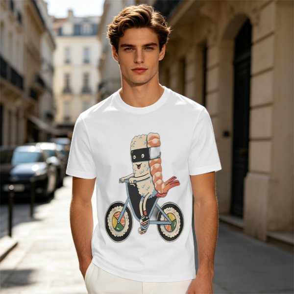 Olive T-Shirt With Sushi Ninja Riding Bicycle Print