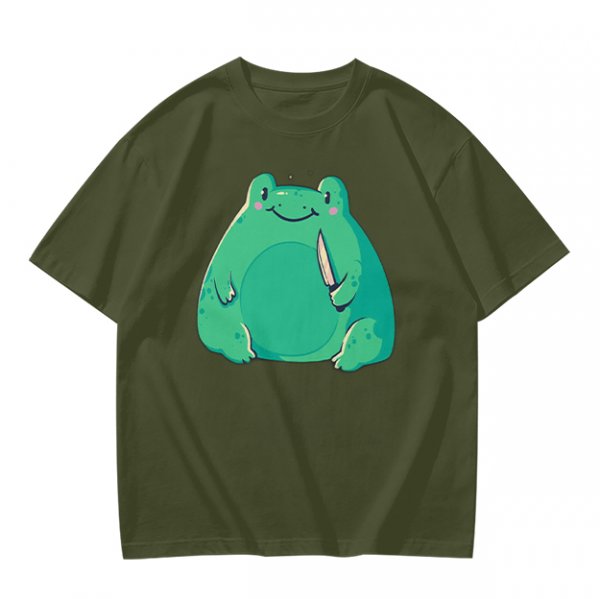 Olive Green T-Shirt With Cute Frog Holding Knife Graphic