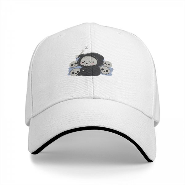 Black baseball cap with cute sleeping grim reaper and skulls graphic