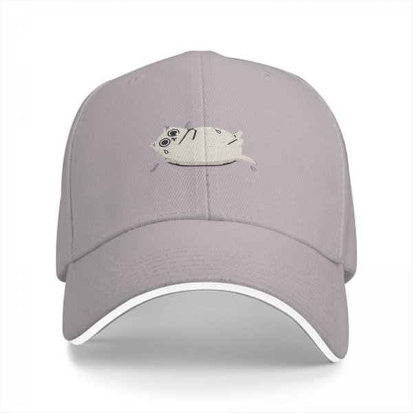 Black baseball cap with a stressed chubby white cat graphic