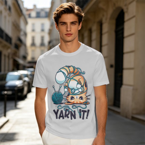 Olive T-shirt with Tangled Orange Cat Yarn It Print