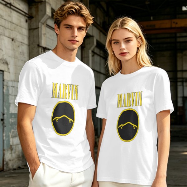 Olive T-Shirt with Marvin Text and Simple Face Graphic
