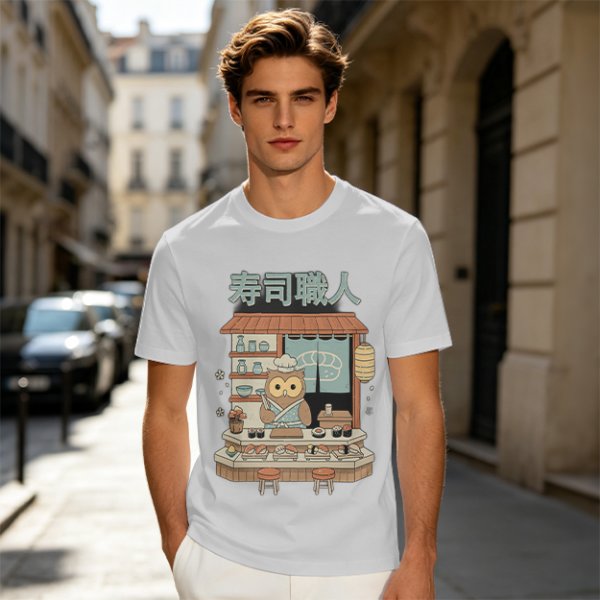 Owl sushi chef at Japanese sushi shop graphic t-shirt