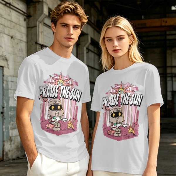 Olive t-shirt with cartoon knight 'Praise the Sun' graphic