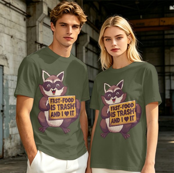 Olive t-shirt with a raccoon holding a fast food trash sign
