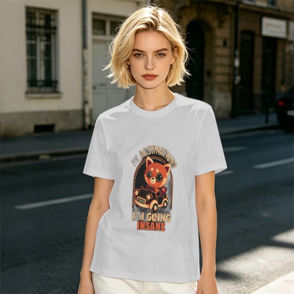 Olive T-Shirt With Red Panda Driving Car 'Destination? I'm Going Insane' Print