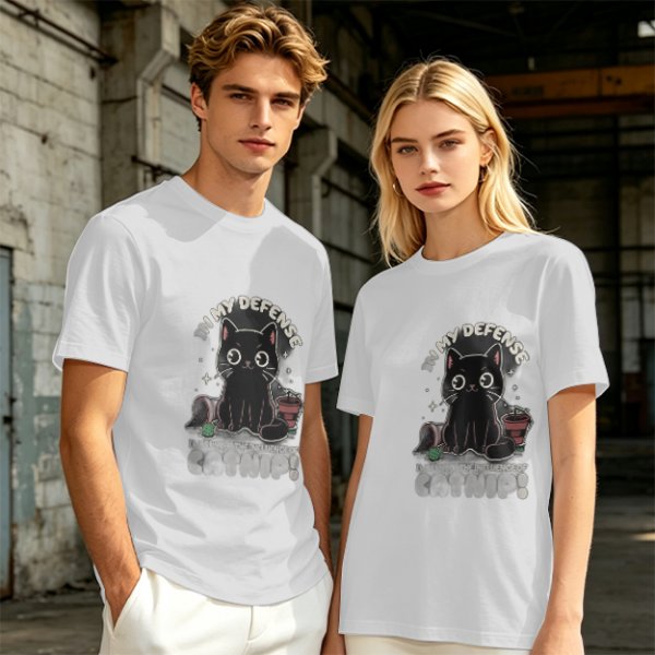 Olive t-shirt with black cat 'In My Defense I Was Under Catnip' print