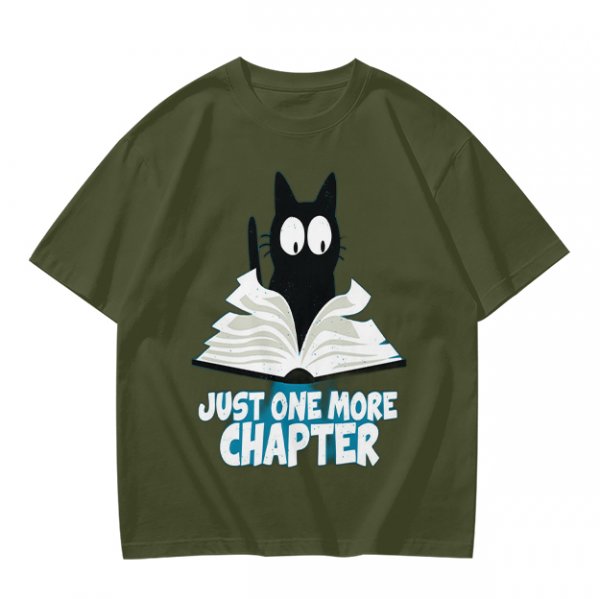 Olive T-Shirt with Black Cat Reading Book 'Just One More Chapter' Print