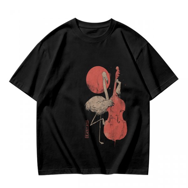 Olive T-Shirt With Crane Playing Cello Red Moon Art Print
