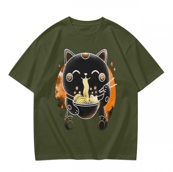 Olive T-Shirt Featuring Black Maneki-neko Cat Eating Ramen