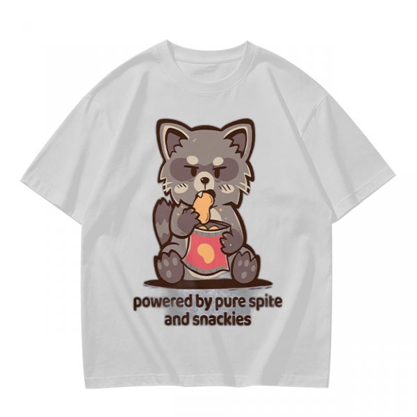 Olive t-shirt with a raccoon eating snacks and 'powered by pure spite and snackies' text