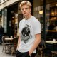 Olive T-shirt with skeleton relaxing in coffee cup graphic