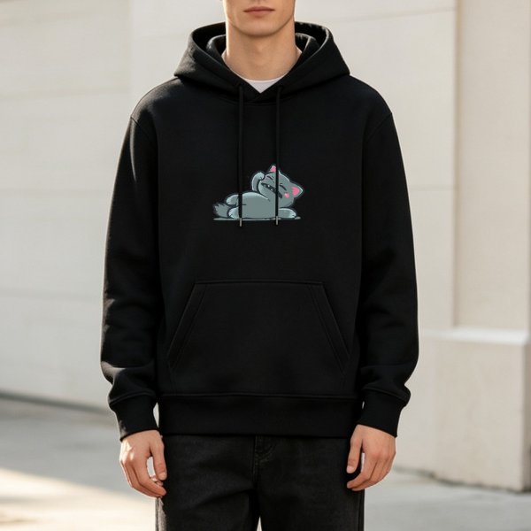 Black Hoodie with Cute Yawning Gray Cat Graphic