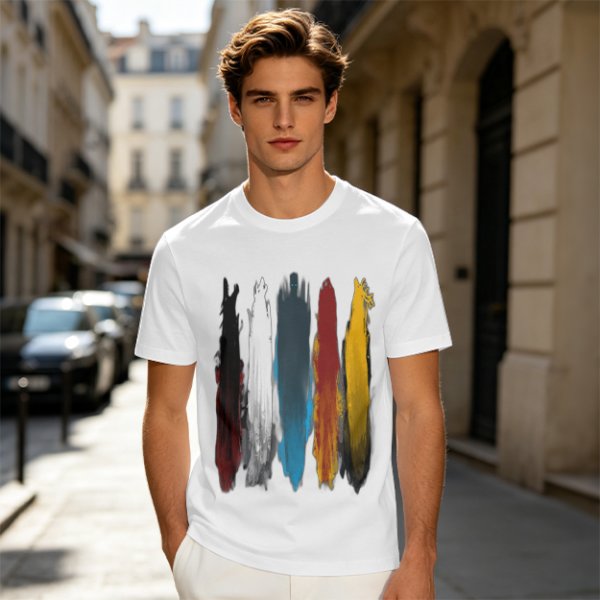 Olive Green T-Shirt With Vertical Colorful Brushstroke Figure Art