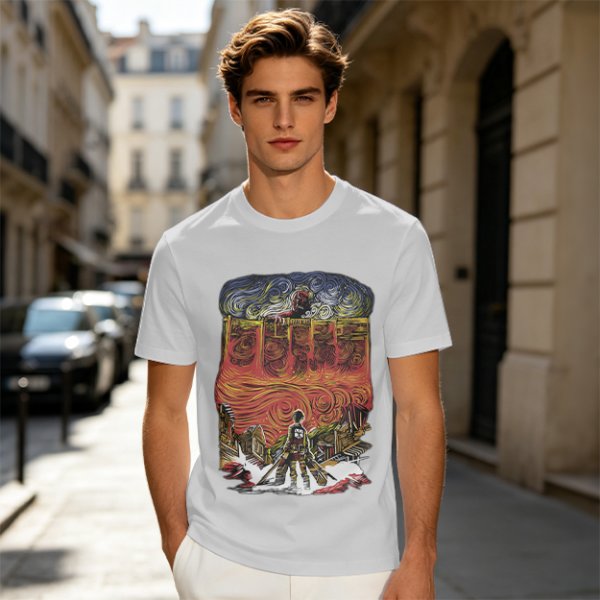 Olive T-shirt with Artistic Swirling Scene Print Featuring a Silhouetted Figure