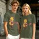 Olive T-shirt with Cute Orange Cat Playing Guitar Graphic