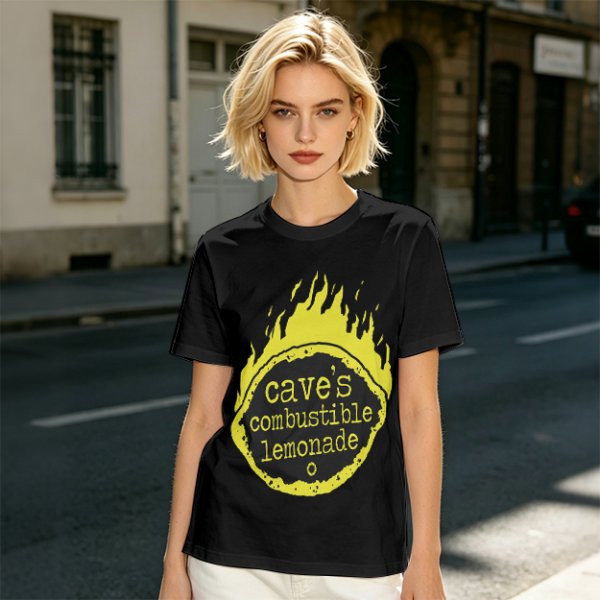 Olive t-shirt with cave's combustible lemonade flame graphic