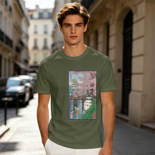 Olive T-shirt with Totoro cherry blossom Japanese woodblock print
